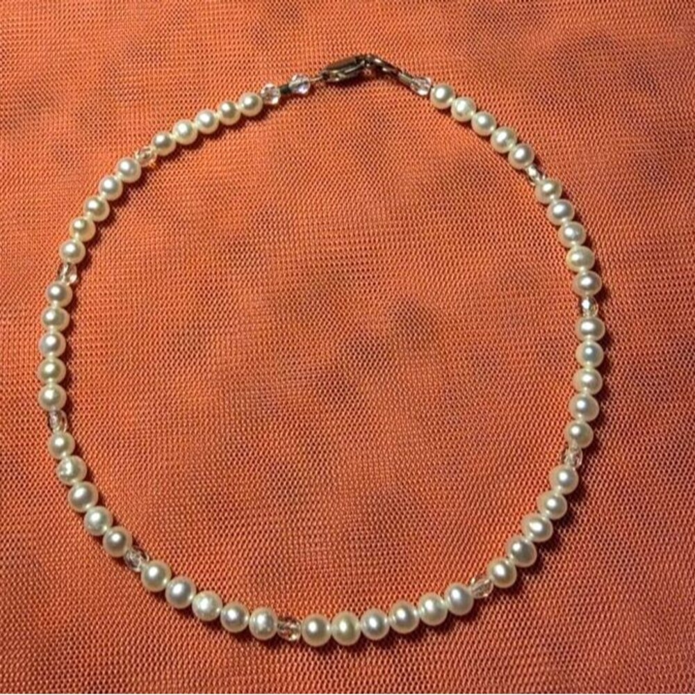 Genuine Freshwater Pearl Anklet 925 Sterling Silver Clasp Crystal Accents 10"